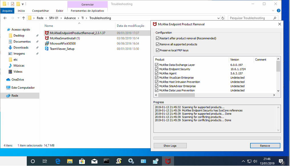 Executando Mcafee Endpoint Product Removal