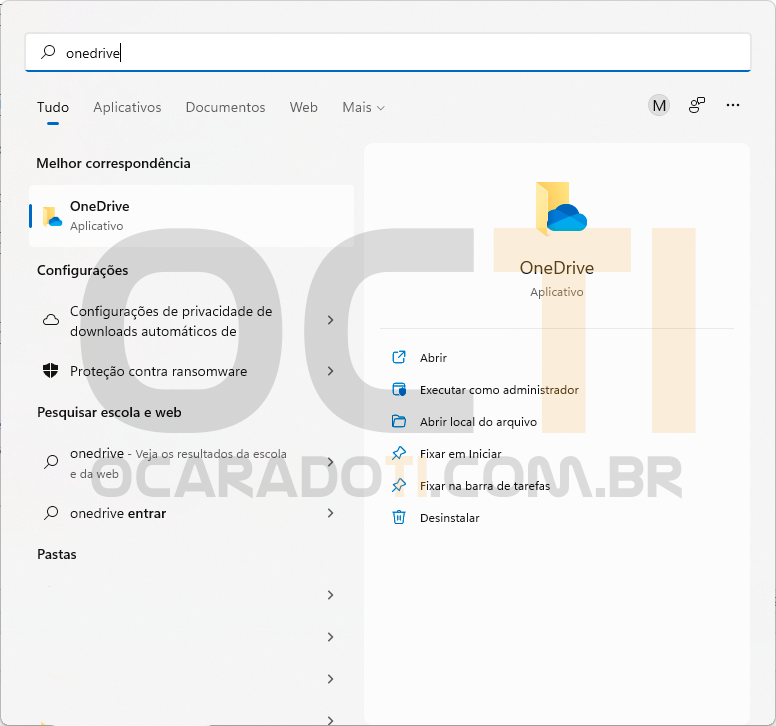 OneDrive no Menu Iniciar