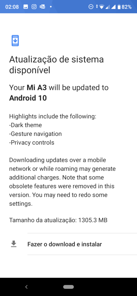 Atualização para o Android 10 disponivel