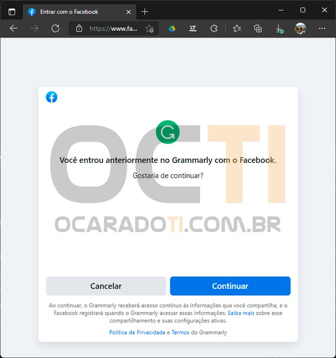Permitindo o Grammarly no Facebook