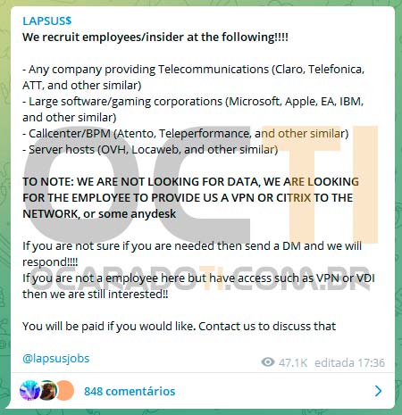 Lapsus$ recruta funcionarios e insiders