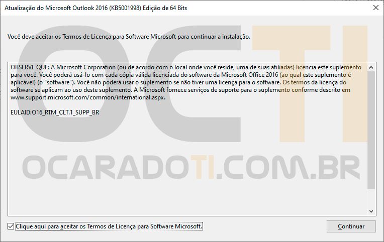 Iniciando a instalação da Atualização do Microsoft Outlook 2016 KB5001998