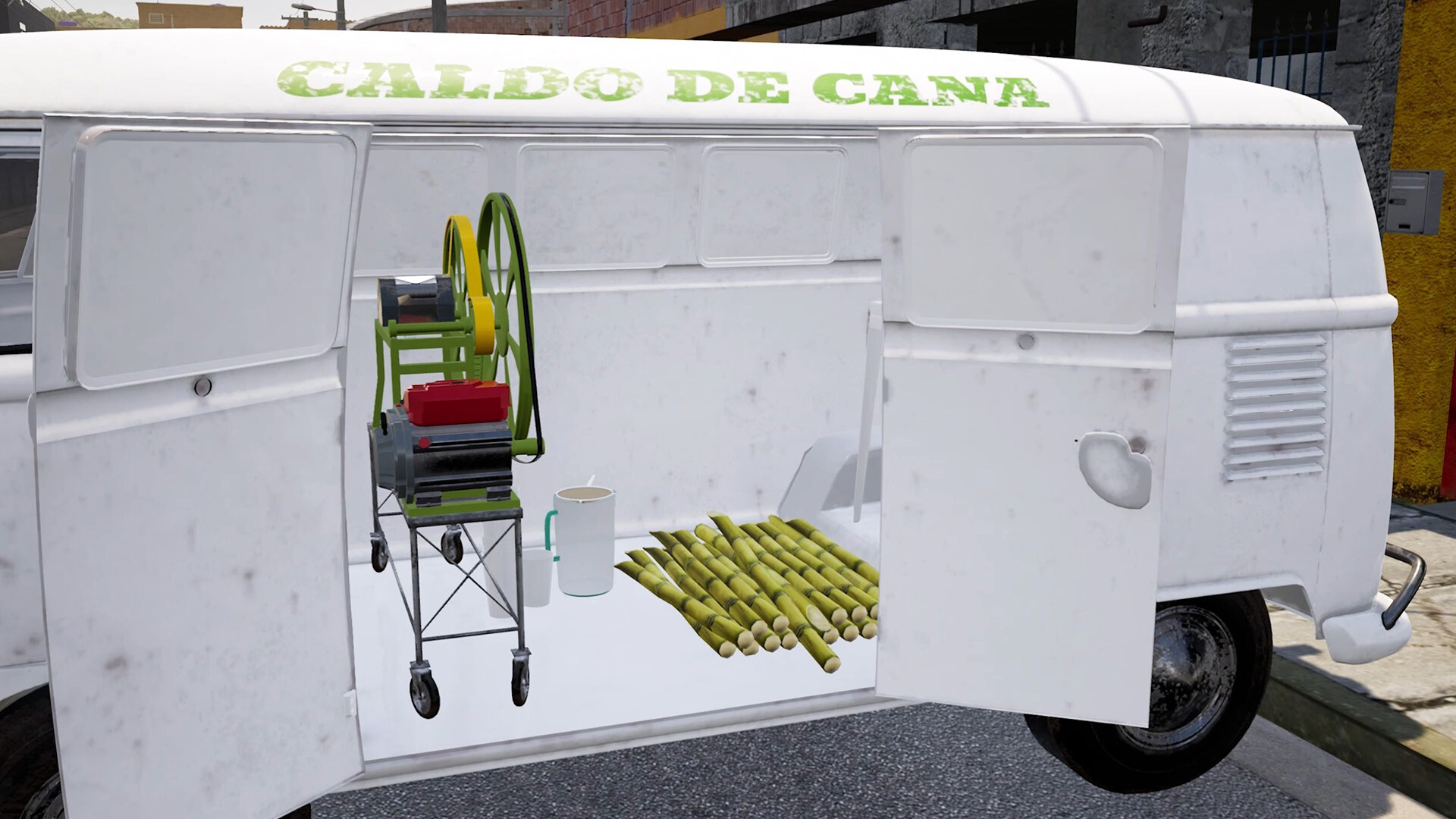 Brazilian Street Food Simulador Kombi com engenho e cana de açucar guardados.