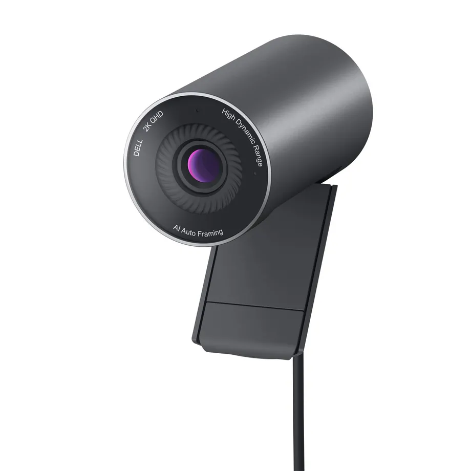 O anel frontal da Dell Pro Webcam WB5023 fica com um LED branco aceso para indicar quando a câmera está ligado. Imagem: Dell