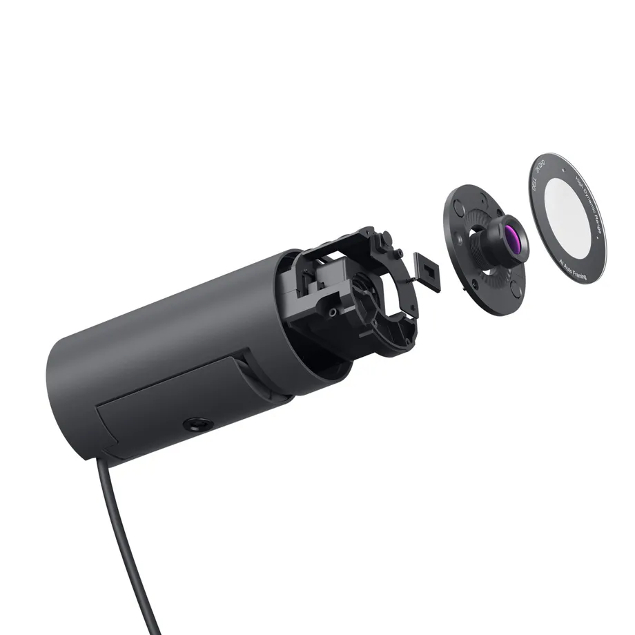 Visão exploratória do sensor e da lente da Dell Pro Webcam WB5023, onde você também pode ver o cabo USB conectado e o clipe de montagem. Imagem: Dell