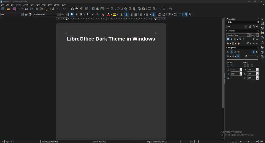 LibreOffice sendo executado no modo Escuro no Windows